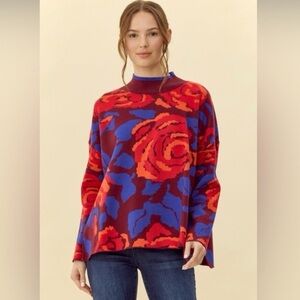 NWT Jodifl Bloom Floral Patterned Sweater Burgundy, Fuschia, Royal Blue XL